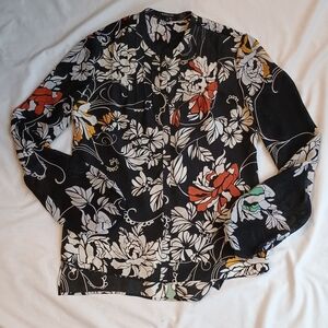 Rachel Roy Silk Blouse Women's S Mandarin Pleated Button Up Black Floral Top